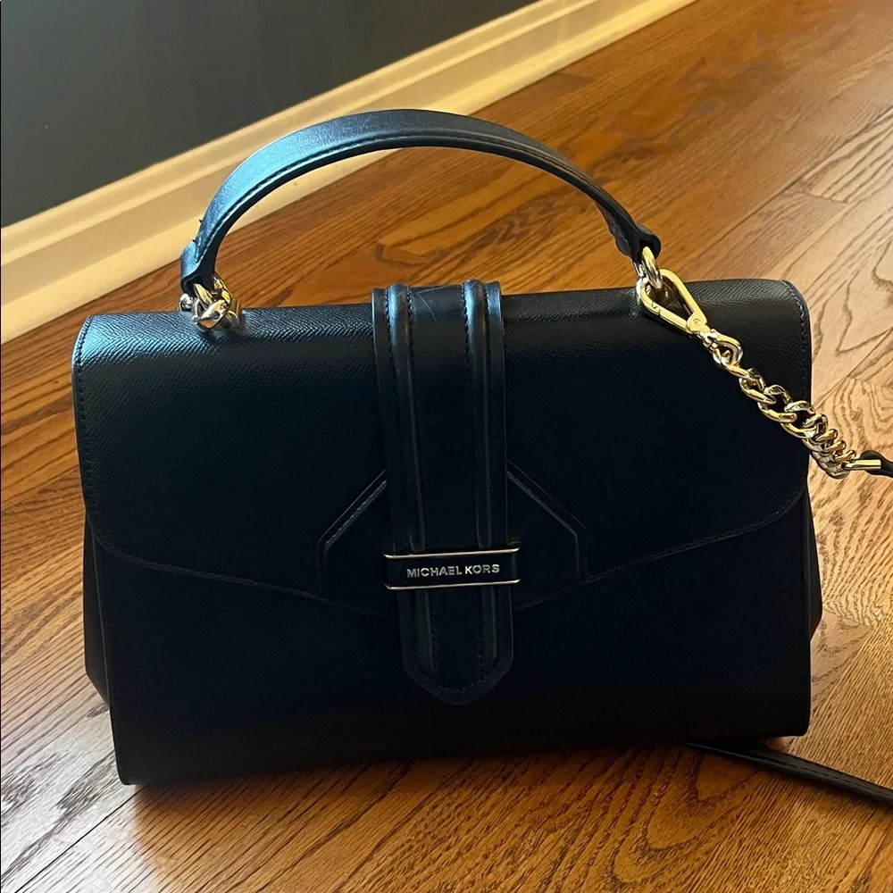 Michael Kors Bleecker Black Leather Satchel Bag Dual Handles
